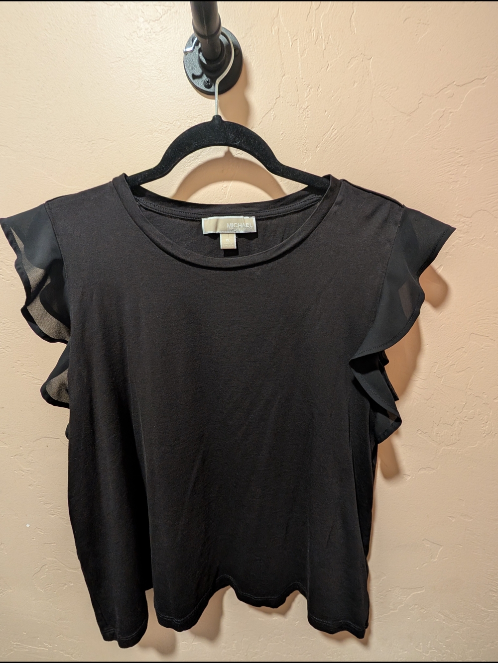 EUC Woman's Michael Kors Black Sheer Ruffle Sleeve T-shirt Top XL